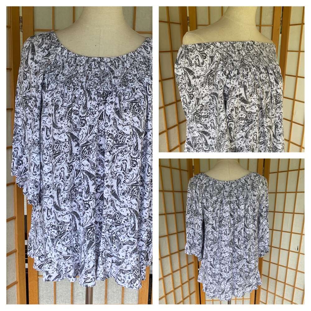 Caffe’ Marrakesh Grey Paisley Smocked Ruffle Pheasant Top SZ M